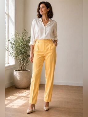 Vintage Pure Virgin Wool Trousers High Rise Tailored Pants Yellow